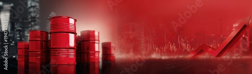 red arrow pointing up on a background of oil barrels