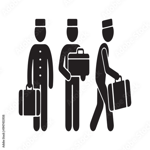Hotel Bellhop and Porter Characters Carrying Luggage Silhouette Set