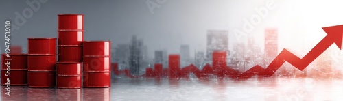 red arrow pointing up on a background of oil barrels