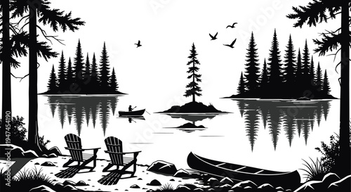 Serene forest lake silhouette landscape with canoe, fisherman, birds flying, pine trees, island reflection, Adirondack chairs, peaceful wilderness nature scene