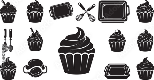 Black and white cupcake icons and baking tools
