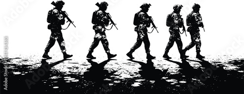 Soldiers patrol silhouette, military team walking with rifles, army soldiers vector illustration, combat patrol scene, tactical military silhouette