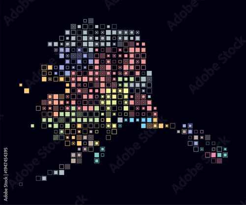 Alaska, shape of the state build of colored cells. Digital style map of the Alaska on dark background. Small size square blocks. Simple vector illustration.