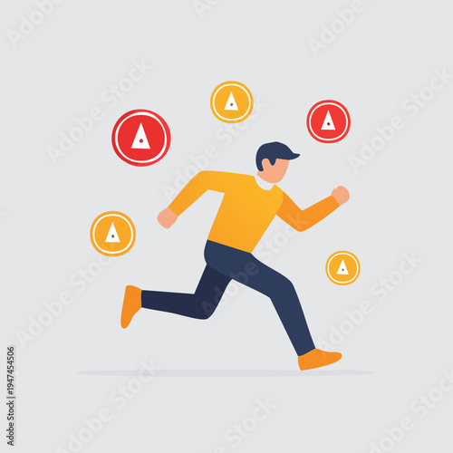 Man running fast surrounded by alert notification signs.