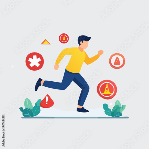 Man Running Amidst Various Warning Signs and Hazard Symbols.