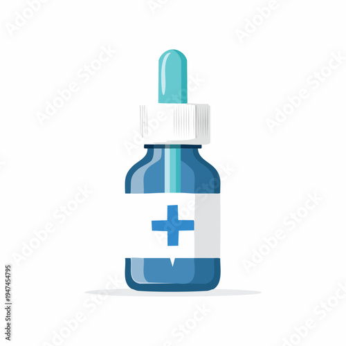 Medical Dropper Bottle with Blue Liquid and Plus Sign Label.