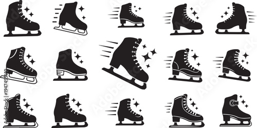 Collection of black ice skates with motion lines isolated