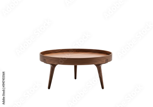 Modern dark walnut low-profile round coffee table with sleek tapered legs and visible wood grain, centered on a transparent background, embodying contemporary japandi design