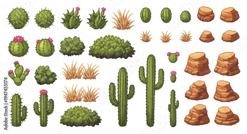A comprehensive collection of desert flora and natural elements, including various cacti, bushes, dry grass, and rocks, ideal for game design or illustrations.