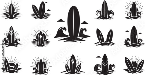 Surfboard Silhouette Vector Icon Set Black White
