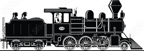 Vintage steam locomotive train silhouette with driver and passengers, classic railway transportation illustration, detailed retro engine isolated on white