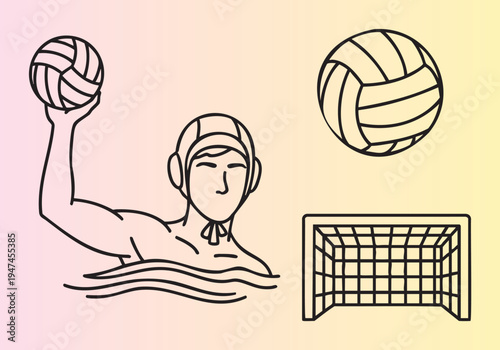 Illustration of water polo player with ball and goal isolated