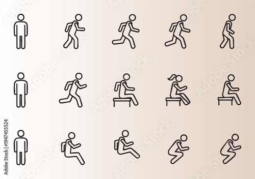 Minimalist line icons of people walking sitting and running activities