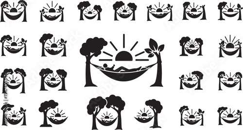 Black and white icons of happy faces and trees