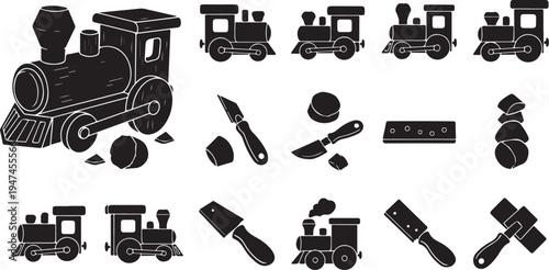 Black and white train icons with tools and objects