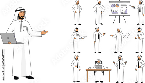 Arab businessman character set showing office work, presentation, meeting discussion and laptop use, Middle Eastern professional in traditional clothing vector illustration isolated