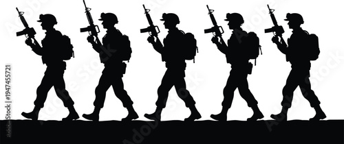Military soldier silhouettes walking with rifles in patrol formation, armed army troops marching with backpacks, tactical infantry team vector illustration isolated on white background