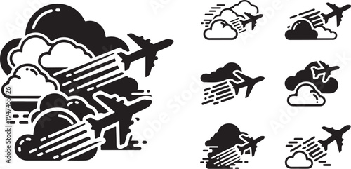 Airplanes flying through clouds in black and white icons