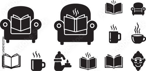 Black and white icons of reading and relaxation symbols