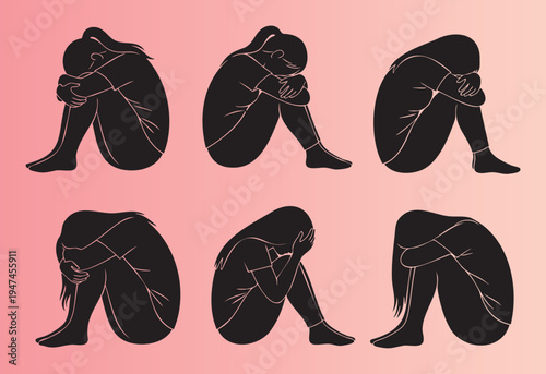 Silhouettes of people sitting in different sad and depressed poses