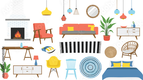 Modern living room interior furniture collection with sofa, chairs, fireplace, plants, lamps and decor elements, stylish home design vector illustration set isolated