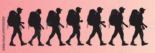 Silhouettes of hikers walking in a sequence with backpacks