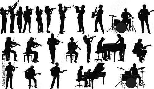 Musician silhouettes collection with orchestra and band performers, instrumentalists playing violin, trumpet, saxophone, piano and drums, black vector illustration isolated on white