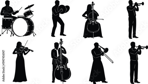 Musician silhouettes playing orchestra instruments including drums, violin, cello, trumpet and trombone, classical music performance band vector illustration set isolated on white background