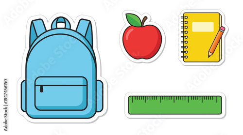 Collection of school supplies stickers including a backpack, apple, notebook, pencil, and ruler on a white background.