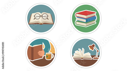 Four circular icons depicting various aspects of reading, studying, and books, including an open book with glasses, a stack of books, and reading scenes.