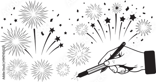 Hand drawing fireworks with a pen on white background