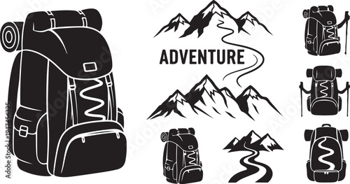 Adventure Backpack and Mountains Icon Set for Travelers and Explorers