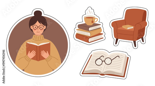 Cozy reading stickers featuring a woman reading, a stack of books with a cup, an armchair, and an open book with glasses.