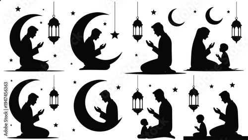 Muslim family prayer silhouette set with crescent moon, lantern and stars, Ramadan Kareem Islamic worship illustration showing father, mother and child praying together