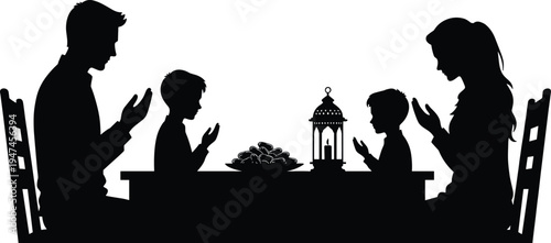 Muslim family praying together before iftar during Ramadan at dinner table with lantern and dates, Islamic silhouette illustration symbolizing faith, spirituality, and family unity