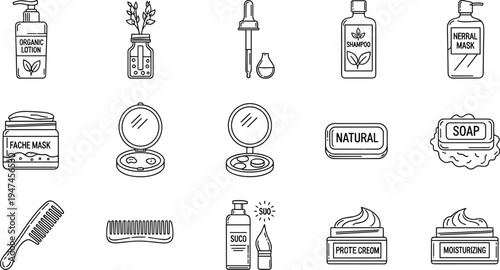 Beauty and Skincare Product Icon Set Featuring Organic Lotion, Shampoo, Face Mask, Soap, Cosmetic Items, and Personal Care Tools for Health and Wellness Applications