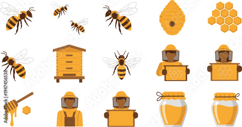 Beehive and Honey Harvesting Vector Icons Set Featuring Bees, Honeycomb, Beekeepers, and Honey Jars for Organic and Nature-Themed Designs