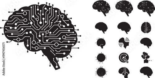 Circuit board brain and various silhouette brain icons design
