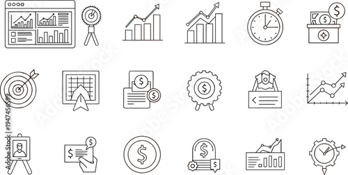 Business and Financial Icons Set with Graphs, Charts, Time Management, and Money Symbols for Productivity and Analysis Designs