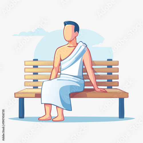 Man in Ihram Sitting on Bench Contemplating.