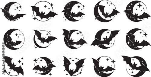 Halloween icons with bats and crescent moon designs