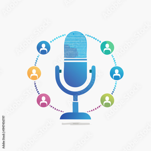 Microphone surrounded by diverse user icons representing a podcast or broadcast network.