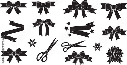 Black ribbon bows and scissors on white background illustration