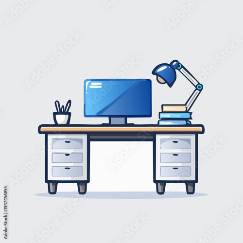 Modern office desk with computer and accessories.