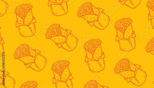 Doodle Burrito Pattern. Buritto seamless pattern. Mexican Wrap Food Illustration. Handdrawn Tortilla Snack. Repeating Streetfood Background. Decorative Packaging Textile Design.
