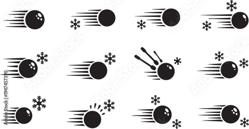 Bowling Ball Icons in Motion with Snowflakes and Speed Lines