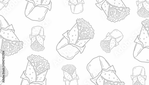 Doodle Burrito Pattern. Buritto seamless pattern. Mexican Wrap Food Illustration. Handdrawn Tortilla Snack. Repeating Streetfood Background. Decorative Packaging Textile Design.