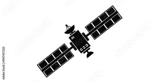 Simple black silhouette of a satellite with solar panels and a dish antenna
