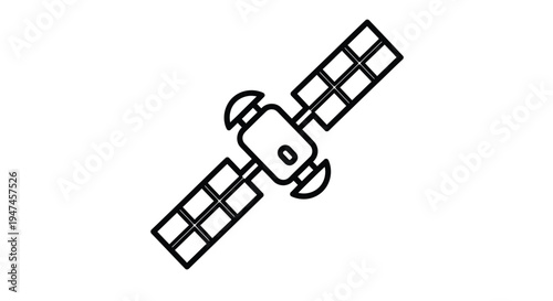 Simple black and white line drawing of a satellite in outer space
