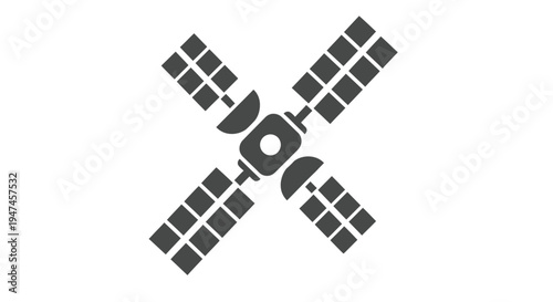 Gray satellite icon with solar panels and central cylindrical module depicted in vector style